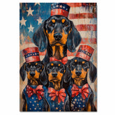 Black and Tan Coonhound Mother and Puppies in Red White and Blue Attire with American Flag and Stars Background on Ready to Hang 1.5" Thick Canvas Wrap, Floating Framed Canvas, Flat Rolled Canvas